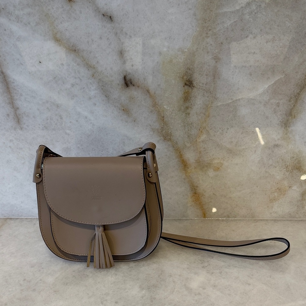 Taupe Saddle Crossbody Bag with Tassel Accent